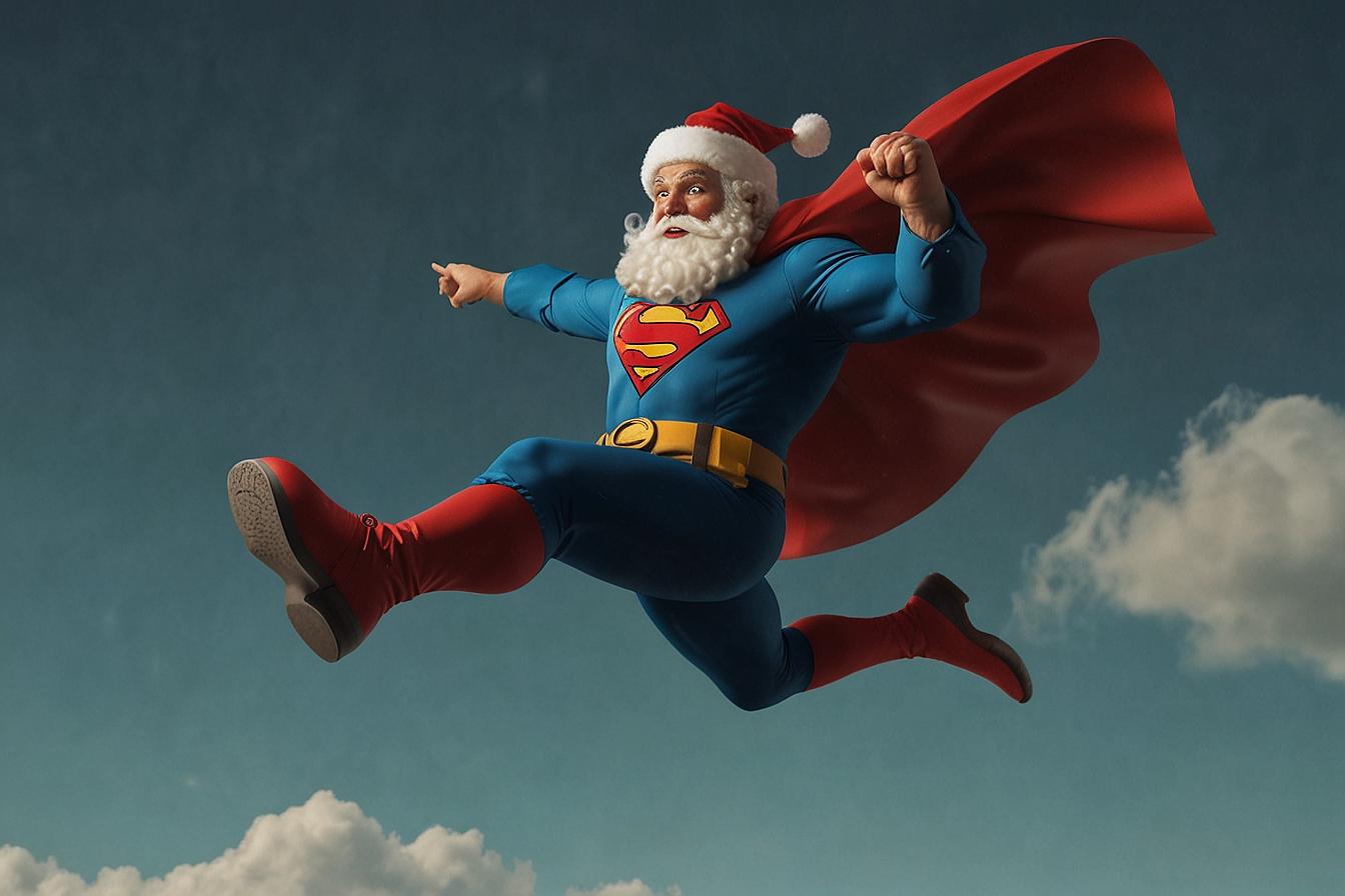 Santa Claus flying like superman photo